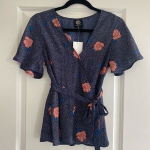 Bobeau Faux Wrap Navy Floral Blouse